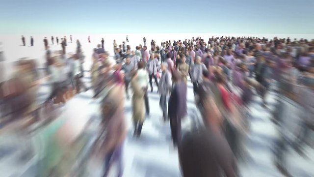 Thousands of people formed growing arrow. Concept of teamwork success, society growth, synergy of the group. Crowd flight over. Motion Blur. Camera zoom out. 4k.