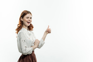 happy woman showing thumb of hand, free place