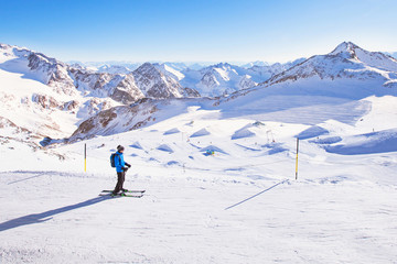 Fototapeta na wymiar skiing downhill in mountains, winter holidays in Austria, Stubai