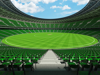 Obraz premium 3D render of a round cricket stadium with green seats and VIP boxes