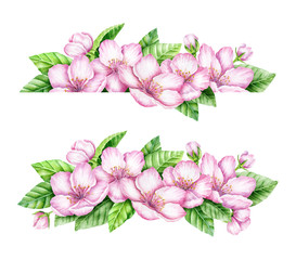 Spring Blossom Border. Cherry pink flowers. Blooming branch of fruit tree. Watercolor illustration