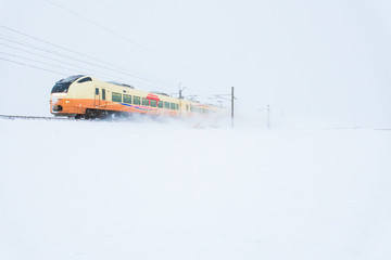 吹雪の中を走る列車