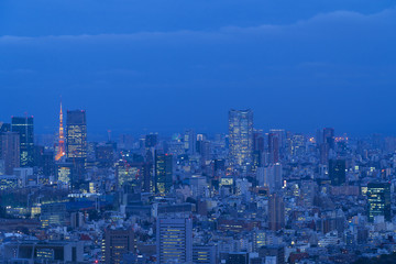東京都市風景　トワイライト　東京タワーと六本木周辺　お台場まで望む