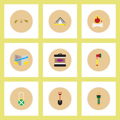Collection of stylish vector icons in colorful circles Camping stuff