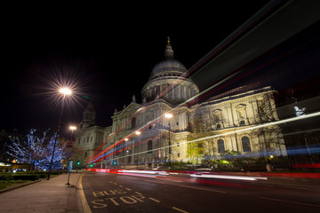St. Paul's Cathedral in London at night with light trails