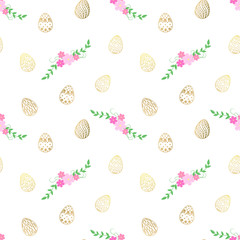 Easter pattern with gold eggs and flowers on white background. Vector illustration