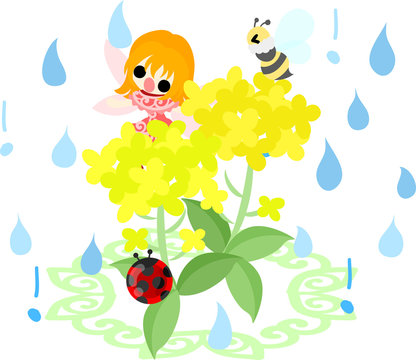 Pretty fairy and beautiful brassica and bee and ladybug and rain