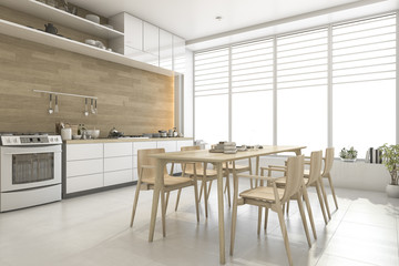 3d rendering white scandinavian style wood kitchen and dining room