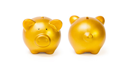 gold piggy bank isolated on white background, File contains a clipping path.