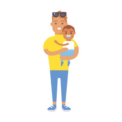 Family people adult happiness smiling father with baby togetherness parenting concept and casual parent, cheerful, lifestyle happy character vector illustration.