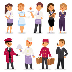 Hotel professions people workers happy receptionist standing at hotel counter and cute characters in uniform reservation entry service vector illustration.