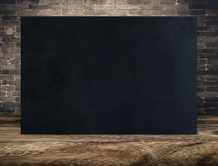 Blank long black fabric canvas frame at grunge brick wall and wood floor,Mock up template for...