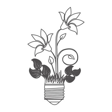 grayscale contour with light bulb base with plant with flowers vector illustration