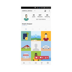 My life, work and hobbies. Mobile applications for sharing photos. Social life in the network. Notification icons on the mobile app. Flat vector illustration EPS 10.