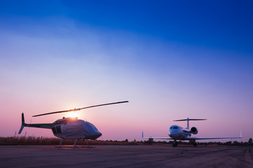 Fototapeta na wymiar beautiful landscape image with airplane at sunset
