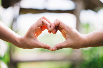 Heart shape made with hands of couple in  green natural background. Love symbol concept.