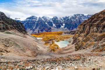 Panorama of Larch Valley at Sentinel Pass near Lake Louise in the Canadian Rockies