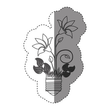 sticker grayscale contour with light bulb base with plant with flowers vector illustration