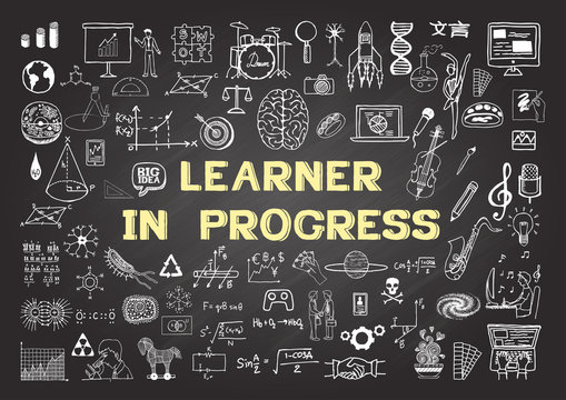Hand drawn icons about Learning in progress on chalkboard
