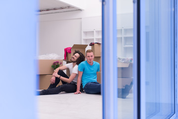 Fototapeta na wymiar young gay couple moving in new house