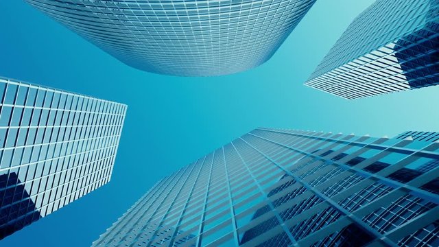 Skyscrapers with blue glass, high rise building, skyscrapers, business concept of successful industrial architecture. 3d animation
