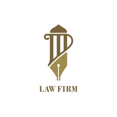 Law service logo with pillar and fountain pen. Vector illustration.