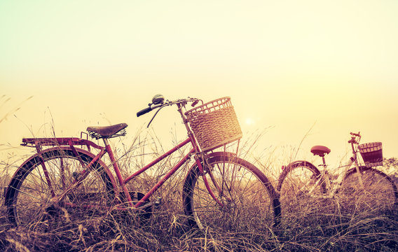 beautiful landscape image with two bicycle at sunset ; vintage filter style.classic bicycle,old bicycle style for greeting Cards ,post card