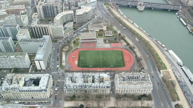 Aerial view of Paris cityscape, Seine river and stadium Emile Anthoine from the Eiffel Tower