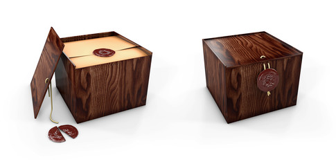 Close and open Wooden box caskets with royal stamp. 3d Illustaration