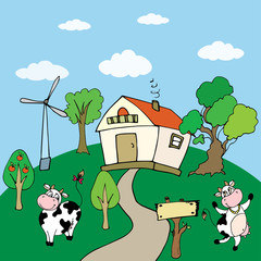 rural background with farm and two funny cows