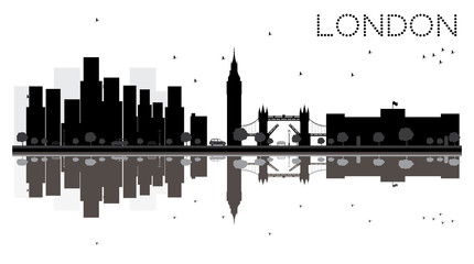 London City skyline black and white silhouette with Reflections.