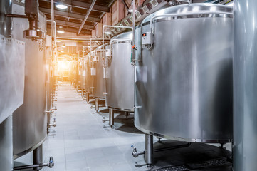 Modern Beer Factory. Small steel tanks for fermentation of beer.