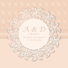 Template holiday greeting card with a round lace frame. It is fashionable to use return for registration of the invitation to the wedding, yubirey, birthday.