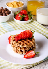 breakfast: Waffels with strawberry, orange juice and milk