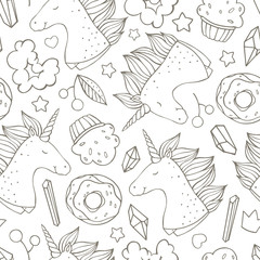 Obraz premium Seamless pattern with unicorns, sweets and crystals.