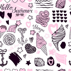 Summer beach seamless pattern on a white background.
