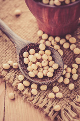 closeup is some soybeans in wooden spoon with sack background