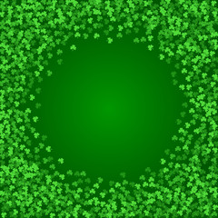 Square Saint Patricks Day background with green clover confetti. Round frame of shamrock leaves. Template for greeting card design, banner, flyer, party invitation.