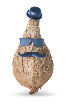 Funny coconut boss with a mustache, a hat and sunglasses. Business character photo isolated white background with clipping path
