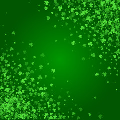 Square Saint Patricks Day background with green clover confetti. Frame of shamrock leaves with diagonal stripe for text. Template for greeting card design, banner, flyer, party invitation.