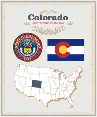 High detailed vector set with flag, coat of arms, map of Colorado. American poster. Greeting card from United States of America. Colorful design
