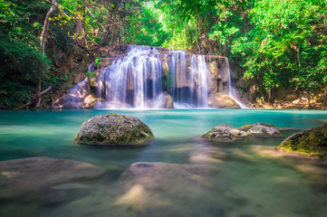 Beautiful limestone Waterfall, Erawan National Park, Kanchanaburi, Thailand.