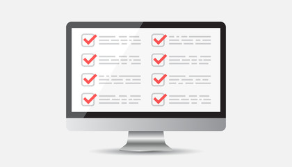 Businessman checklist with computer. Check list icon flat vector illustration.