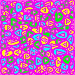 Abstract pink background with pink triangles on the color of yellow and blue and green circles with a thick stroke randomly placed around the drawing