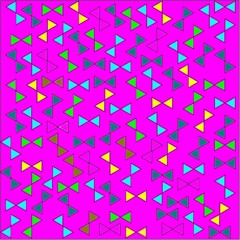 Abstract pink background color of yellow, pink and blue ribbons and green triangles with stroke randomly placed around the drawing