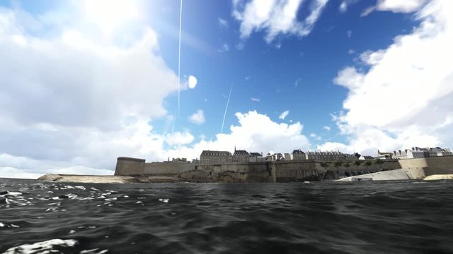 The view from the water on a small european style town, 3d render