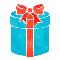 Watercolor blue gift box with red bow