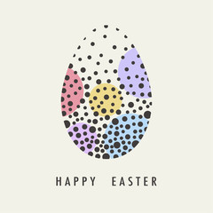 Cover design for the day of happy Easter.Conceptual drawing of Easter eggs.Shown Easter egg consisting of five colored circles and black dots.The phrase happy Easter on a beige background.