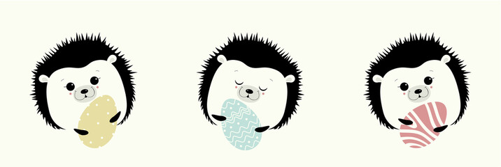 Illustration. You can apply for Happy Easter.Cute hedgehogs are depicted with open and closed eyes, holding in the paws a Easter eggs with color ornament on it.