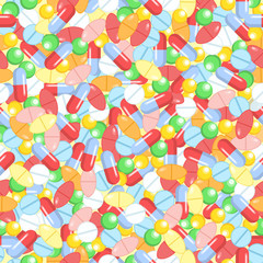 Fototapeta na wymiar Colorful tablets with capsules. Medical seamless pattern and pharmacy background.